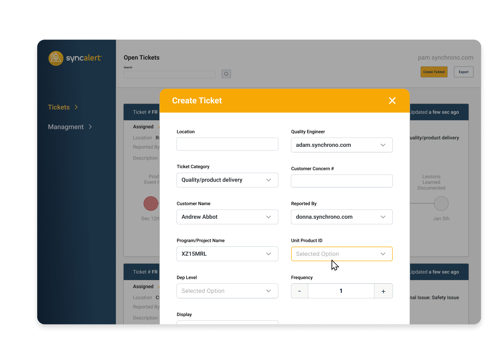 SyncAlert screen showing create a ticket pop-up