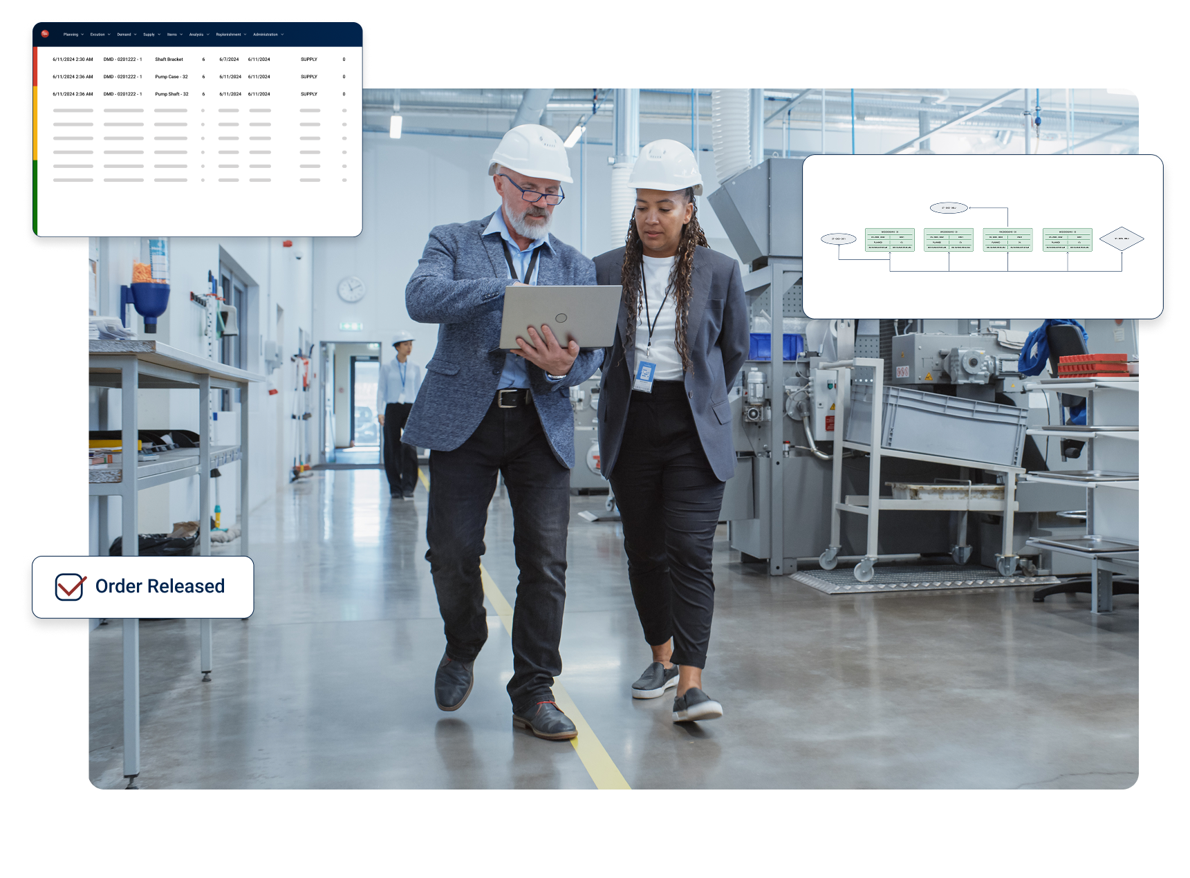 man and woman walking in plant looking at laptop